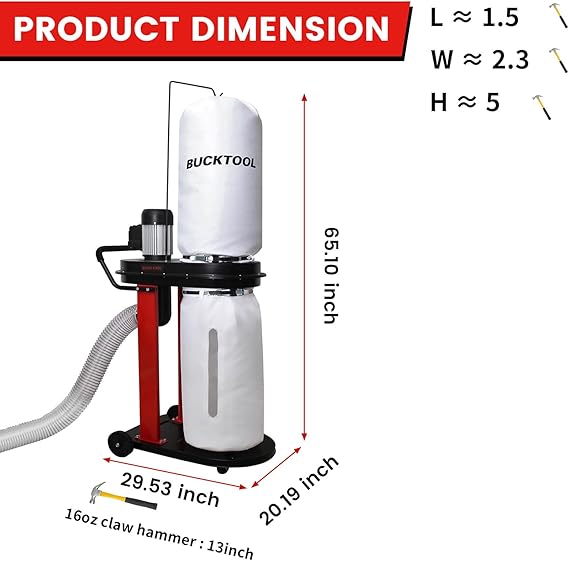 BUCKTOOL 1.2 HP Auto Start 750CFM Dust Collector with 3 Dust Collection Bag, 5.4 Cubic Bag Capacity and 5 PCS Reducer for Woodworking