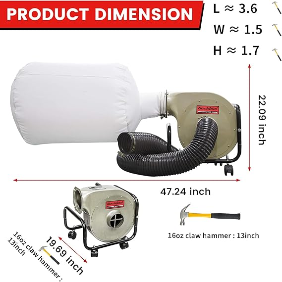 BUCKTOOL 1HP 6.5AMP Wall-mount Dust Collector with Remote Control and 2-micron Dust Filter Bag 550CFM Air Flow DC30A-1