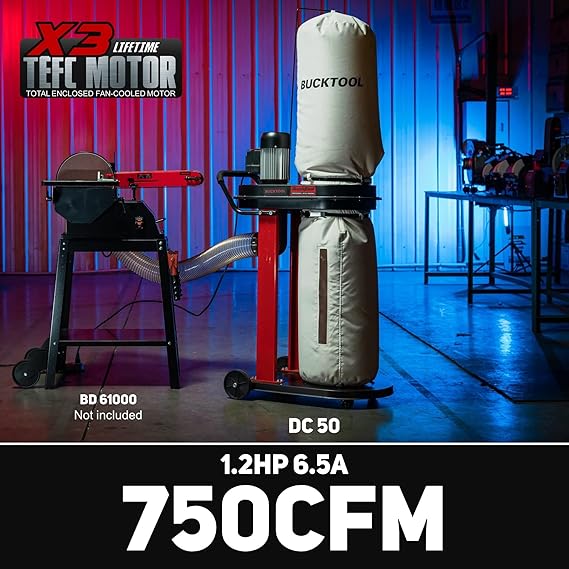 BUCKTOOL 1.2 HP Auto Start 750CFM Dust Collector with 3 Dust Collection Bag, 5.4 Cubic Bag Capacity and 5 PCS Reducer for Woodworking