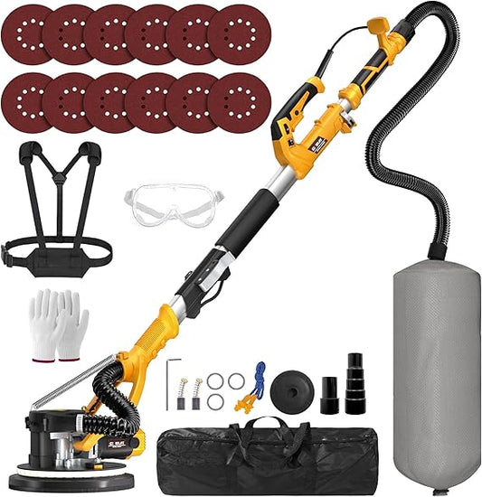 GEVEELIFE Drywall Sander, 880W 7.33A Electric Drywall Sander with Vacuum Dust Collector, 5 Variable Speed 1000-2100RPM, LED Light, Foldable & Extendable Handle, 12 Sanding Discs